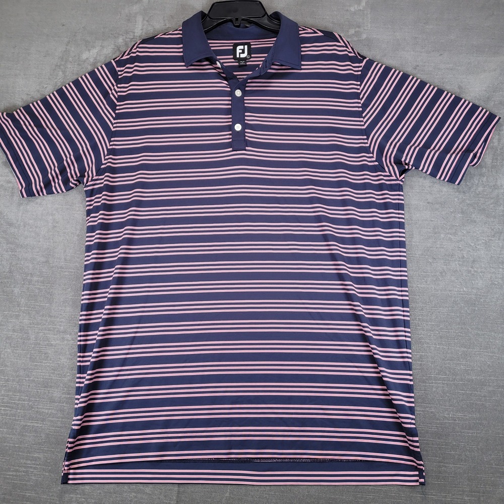 FootJoy Mens‎ Large Navy Blue Pink Striped Short Sleeve Golf Polo Shirt FJ